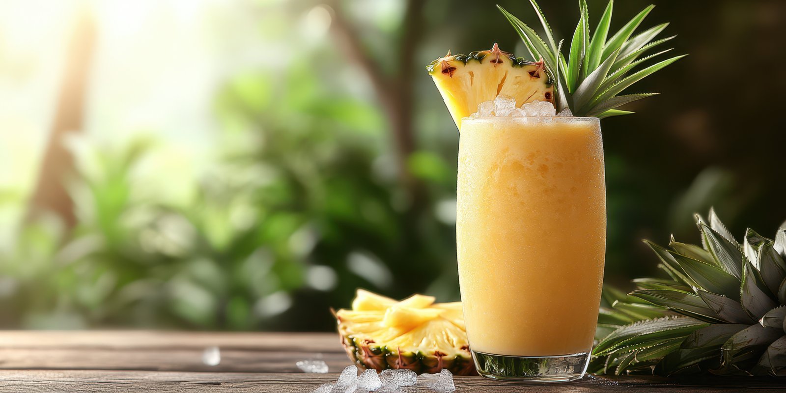 Tropical pineapple smoothie served in a tall glass with ice and fresh fruit on a wooden table in a lush garden setting